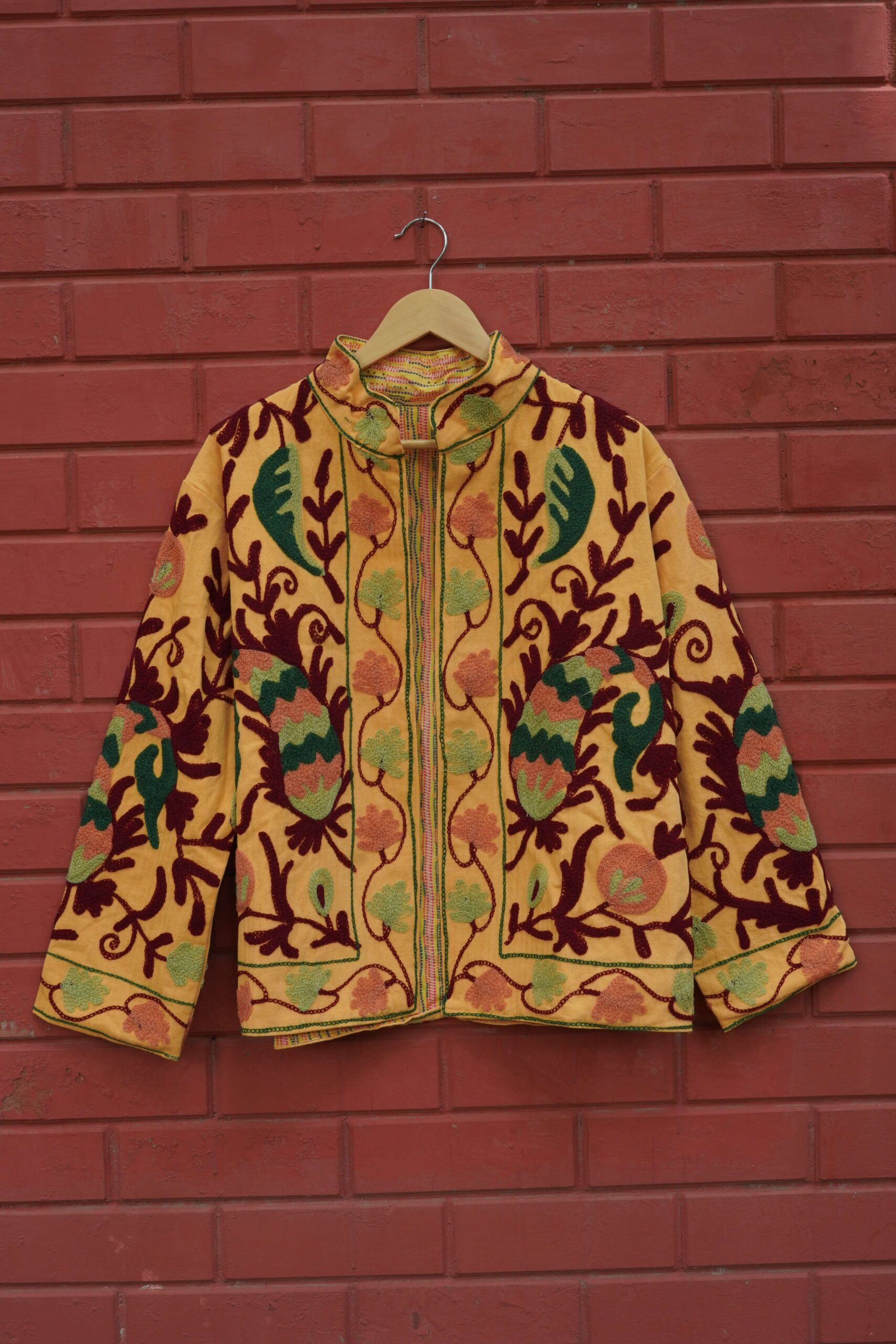 Womens Yellow Velvet Embroidered Jacket with Floral Design